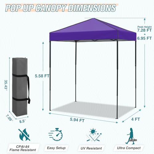 EAGLE PEAK 6x4 Instant Pop Up Canopy Tent, Straight Leg Sun Shelter, Portable Canopy with Carry Bag for Camping, Beach & Sports, Purple - color: Purple, size: No Wall
