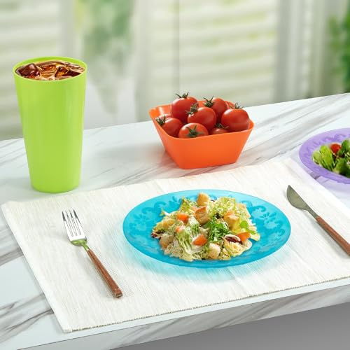 Plastic Dinner Plates Set of 12 Reusable - Unbreakable Lightweight Flat Plate 9 Inch in 6 Assorted Colors, Multicolor Everyday Plates BPA Free for Kids Kitchen, Microwave Dishwasher Safe