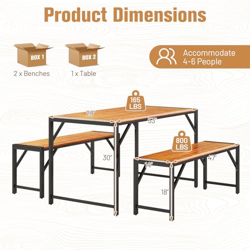 Tangkula 3 Pieces Patio Dining Set for 6 People, Outdoor Picnic Table & 2 Benches, 53” Acacia Wood Dining Table w/Metal Frame, Space-Saving Dinette Set for Garden Porch Poolside Yard Balcony