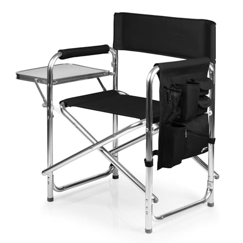 PICNIC TIME Sports Chair with Side Table and Armrest Caddy, Lightweight Aluminum Folding Outdoor Camping Chair for Adults, Portable Director Style Lawn Seating with Pockets & Carry Strap, (Black) - color: Black