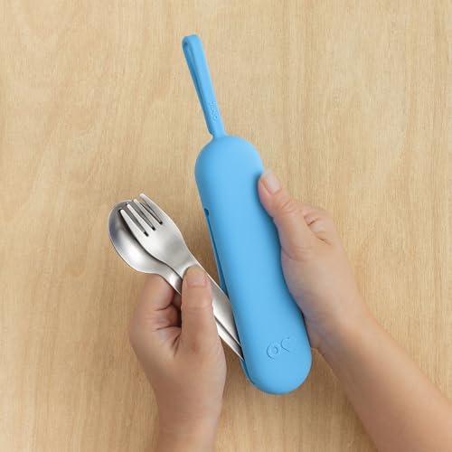 Omie OmieBox Travel Utensil Set | Fork and Spoon with Case for Easy Travel | Stainless Steel Fork and Spoon (Blue) - color: Blue, size: Age: 9+ Years