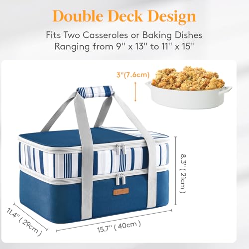 LUNCIA Insulated Double Decker Casserole Carrier, Lasagna Lugger Tote Keeps Food Hot or Cold, Thermal Lunch Bag for Potluck Parties, Picnic and Cookouts, Fits 9" x 13" Baking Dish, Blue - color: Blue, size: 15.7 x 11.4 x 8.3inch