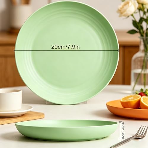 Wheat Straw 7.9 Inch Plates Unbreakable Set of 4, BPA Free Dinner Plates Dishwasher Safe, Lightweight Reusable Plates for Camping Kitchen - color: Light Green