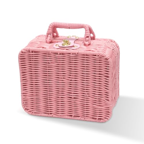 Mini Wicker Picnic Basket, Decorative Prop Suitcase Vintage Storage Hamper Makeup Organizer, 8.7" Metal Lock Rattan Storage Box with Handles for Sundries Travel Camping and Outdoor Party (Pink, Small) - color: Pink, size: Small