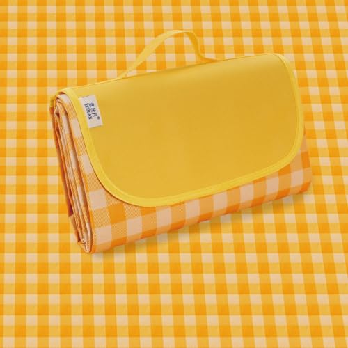 Picnic Blanket 77 x 79 Inches Waterproof Oxford Fabric Picnic Blanket Portable and Foldable Outdoor Mat for Camping, Beach, and Family Picnics - color: Yellow&white