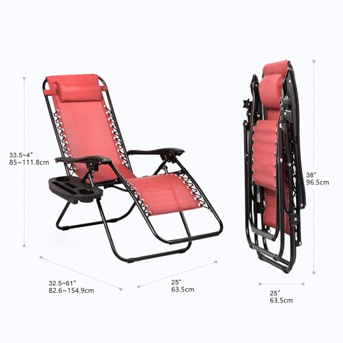 Nazhura Set of 2 Relaxing Recliners Patio Chairs Adjustable Steel Mesh Zero Gravity Lounge Chair Beach Chairs with Pillow and Cup Holder Khaki (Pink) - color: Pink