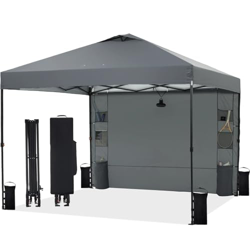 Tunbne 12'x12' Pop Up Canopy Tent with 1 Sidewall and 6 Pockets, One Push Setup, Instant Shade Tent with Vented Roof for Beach Patio Outdoor, Case, 8 Stakes, 4 Ropes, 4 Sandbags (Gray, 12x12) - color: Gray, size: 12x12