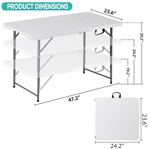 ZenStyle 4 ft Folding Table, 48x24 Inch White Portable Plastic Table, Height Adjustable & Lightweight for Indoor Outdoor Use, Camping, Parties, Events, Dining - size: 48"x24"