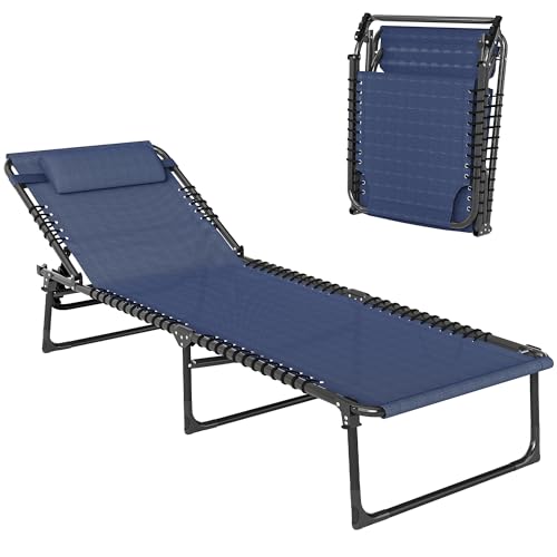 Outsunny Folding Chaise Lounge Chair, Patio Sun Tanning Chair, Outdoor Chaise Lounger with 4-Position Reclining Back, Breathable Mesh Seat for Beach, Poolside, Yard, Dark Blue - color: Dark Blue, size: 1 Pack