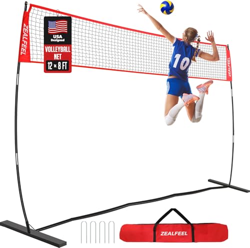 ZEALFEEL Volleyball Net, 12FT Training Set with 3-Level Adjustable Height (8'/7.4'/6.6'), Freestanding Portable Practice Net for Backyard, Serving & Spiking Drills, with Carry Bag for Outdoor & Indoor - style: 12FT Volleyball Net 3-Height Adjustable
