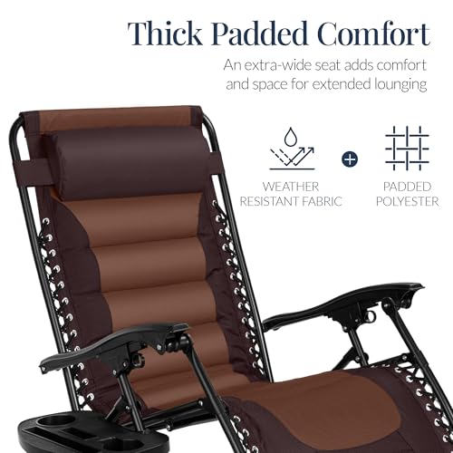 Best Choice Products Oversized Padded Zero Gravity Chair, Folding Outdoor Patio Recliner, XL Anti Gravity Lounger for Backyard w/Headrest, Cup Holder, Side Tray, Polyester Mesh - Espresso/Brown - color: Espresso/Caramel