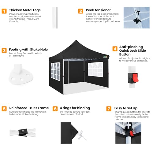COBIZI 10x10 Pop Up Canopy with 4 Sidewalls, Canopy Tent 10x10 for Parties, Backyard, Commercial, Waterproof and Portable Instant Shelter UV50+ Outdoor Gazebo with 4 Sandbags(Black) - color: Black, size: 10x10FT