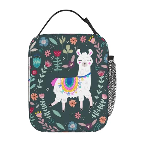Cute Alpaca Llama Flower Floral Insulated Lunch Bag Portable Reusable Zipper Lunch Box For Men Women Work Picnic Travel Camping - color: Black27