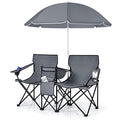 COSTWAY Double Portable Picnic Chairs, Folding Camping Chairs w/Detachable Umbrella, Cooler Bag, Cup Holders, Patio Beach Camping Chairs for Outdoors - color: Grey