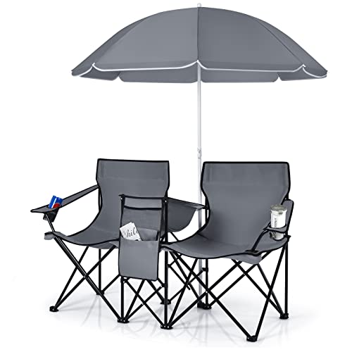 COSTWAY Double Portable Picnic Chairs, Folding Camping Chairs w/Detachable Umbrella, Cooler Bag, Cup Holders, Patio Beach Camping Chairs for Outdoors - color: Grey