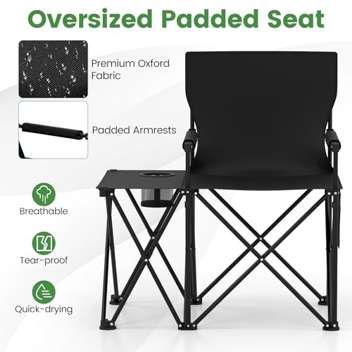 Goplus Oversized Camping Chair with Side Table, Folding Heavy-Duty Picnic Chair w/ 2 Storage Pockets, Cup Holder, Padded Armrests, Carrying Bag, Portable Outdoor Chair for Fishing RV Trip (Black,1) - color: Black