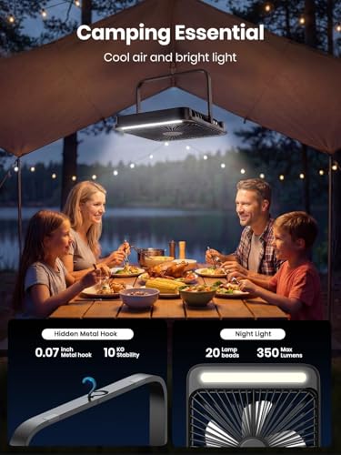 Warmco 20000mAh Battery Powered Fan, Ultra-Slim 8-Inch Portable Camping Fan with LED Lantern, Up to 48H Runtime Rechargeable Desk Fan for Bedroom, Outdoor, Tent, Travel, Cruise Ship Essentials - color: Black