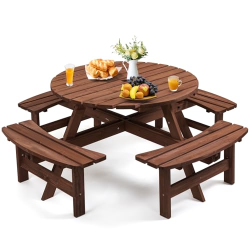 Zevemomo Wood Picnic Table for 8 People, Round Top with Umbrella Hole, 4 Built-in Curved Benches, 2220LBS Capacity for Patios & Backyards, Brown - color: Brown, style: 8-Person