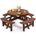 Zevemomo Wood Picnic Table for 8 People, Round Top with Umbrella Hole, 4 Built-in Curved Benches, 2220LBS Capacity for Patios & Backyards, Brown - color: Brown, style: 8-Person