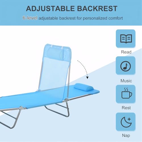 Majnesvon Outdoor Tanning Chair with Pillow, Folding Chaise Lounge Chair with Adjustable Backrest, Portable Lay Flat Beach Lounge Chairs for Sunbathing Poolside Patio Lawn Camping(Blue 2) - color: Blue 2
