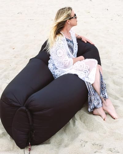 Inflatable Lounger with No-Pump Setup, Floating Portable Air Chair, Ripstop Polyester, Stability Peg for Beach, Camping, Festivals, Tailgating (Black) - style: Black