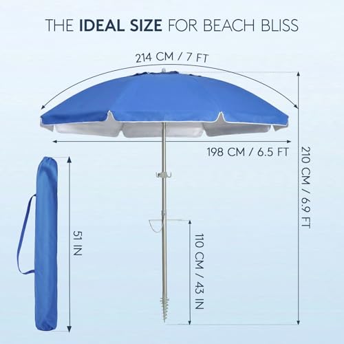 PASAMIC 7ft Beach Umbrella for Sand with Sand Anchor & Tilt, UPF 50+ Protection Beach Umbrellas for Heavy Duty Wind Portable with Carry Bag and Hook, for Patio Garden Pool, Dark Blue - color: Dark Blue, size: 7FT