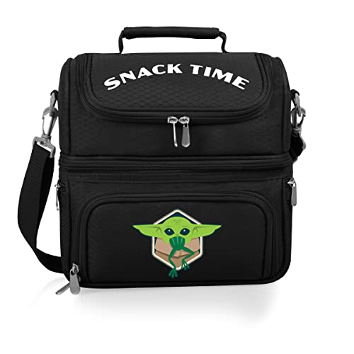 PICNIC TIME Star Wars Mandalorian Grogu Pranzo Insulated Lunch Box, Soft Sided Lunch Cooler Bag with Utensil Set, Dual Compartment Lunch Tote, (Black) - color: Star Wars Mandalorian Grogu Snack Time - Black