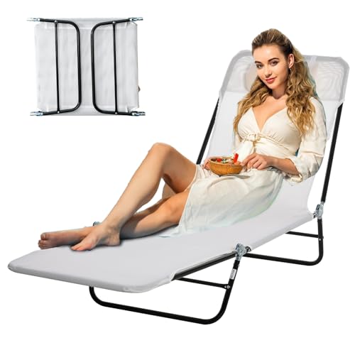 Majnesvon Outdoor Tanning Chair with Pillow, Folding Chaise Lounge Chair with Adjustable Backrest, Portable Lay Flat Beach Lounge Chairs for Sunbathing Poolside Patio Lawn Camping(Cream White) - color: Cream White