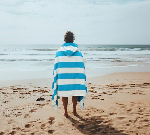 COTTON CRAFT Hooded Beach Towel - Oversized XXL 35x84 Towel with Hood for Adults - The Big Kahuna 7 Foot Beach Blanket Towel - Big & Tall Soft 100% Cotton Velour - Pool Bath Wrap - Cabana Stripe Aqua - color: Cabana Stripe - Aqua, size: 1 Pack - 35x84 Hoo