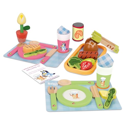Bluey Toy Fruits and Vegetables for Toddlers, 32-Piece Pretend Food with Plates, Utensils, Baby Play Food & Wooden Toy Fun - style: Dine with Bluey