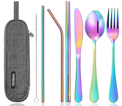 Portable Stainless Steel Flatware Set, Travel Camping Cutlery Set, Portable Utensil Travel Silverware Dinnerware Set with a Waterproof Case (Rainbow) - color: Rainbow