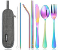 Portable Stainless Steel Flatware Set, Travel Camping Cutlery Set, Portable Utensil Travel Silverware Dinnerware Set with a Waterproof Case (Rainbow) - color: Rainbow