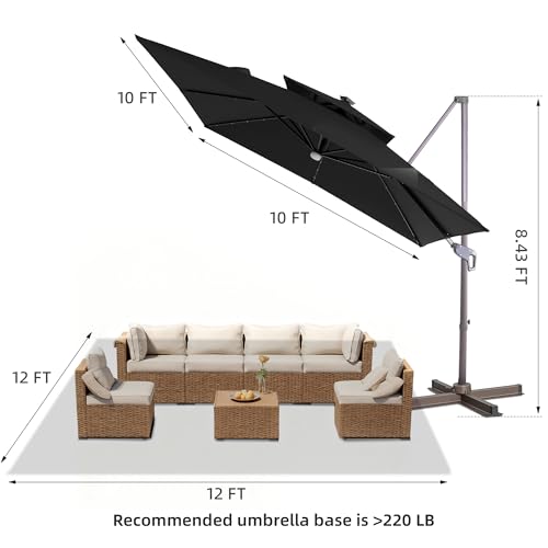 JZAC & QZYD 9x9 FT Outdoor Cantilever Patio Umbrella with Solar LED Lights, Large Heavy Duty 2-Tier Canopy Square Aluminum Offset Umbrellas with 360-Degree Rotation for Pool Deck Backyard, Black - color: Black, size: 9'×9'