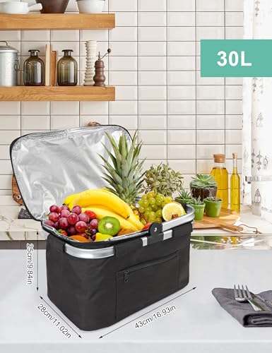 Large Picnic Basket Insulated, Foldable Shoping Basket Cooler Bag, Leakproof Picnic Baskets with Handle and Lid for Camping Outdoor Birthday Lunch BBQ Travel Beach(Black, 16.9x11x9.8 in) - color: Black, size: 16.9 x 11 x 9.8 in