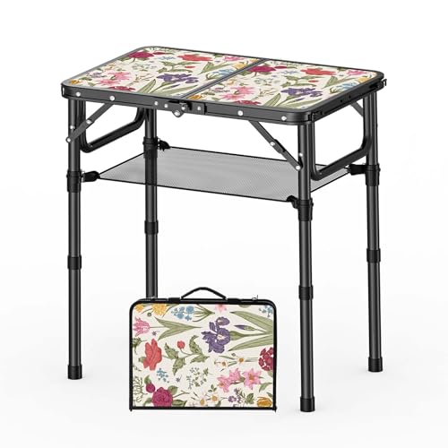 YihuiKo Small Camping Table, Vintage French Flowers Pattern Folding Table, Adjustable Height, Lightweight & Portable Outdoor Picnic Table with Carry Handle for Patio, Living Room, Travel - size: 16"D x 24"W x 27.5"H, style: Delightful Garden