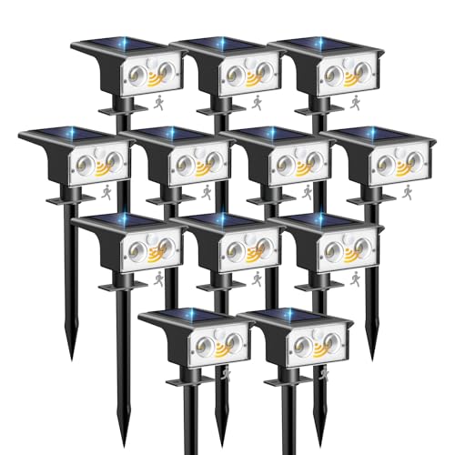 btfarm Solar Spot Lights Outdoor Waterproof, 12 Pack/3 Modes Motion Sensor Lights, Solar Powered Spotlights 2-in-1 Auto On/Off for Outside Pathway Yard Garden Landscape Lighting, Cool White - color: Cool White, size: 12 Pack