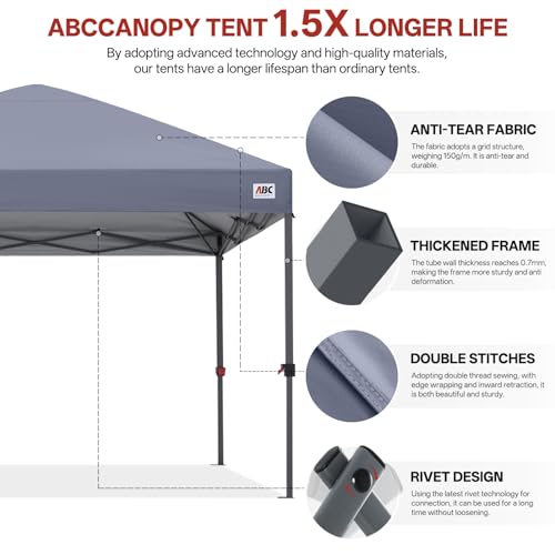 ABCCANOPY 10x10 Pop Up Canopy Tent, Easy Setup Instant Shelter with Wheeled Bag, Heavy Duty Outdoor Canopy for Beach, Market, Backyard, UV Protection, Outdoor Weather Protection (Light Gray, 10x10) - color: Light Gray, size: 10x10