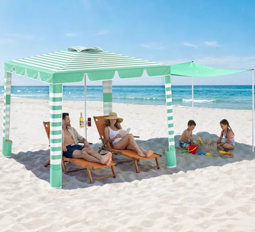 Rhino Valley Beach Cabana, 120 Sq. Ft Beach Canopy UPF50+ Protection, Easy Setup & Adjustable Height Beach Tent Sun Shelter with Cup Holder, Portable for 4-8 People, Light Green & White Stripes - color: Light Green & White Stripes
