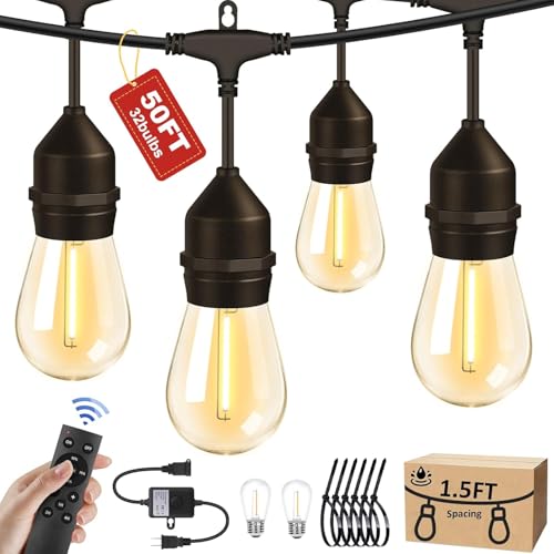 50FT Outdoor String Lights with 32+2 Bulbs (1.5FT Bulbs Spacing), Remote & Dimmer, Commercial Patio String Lights with 3 Mode Light & Timing, IP65 Waterproof, 50PC Mounting Ties for Outside - size: 50ft With Remote (1.5ft Bulbs Spacing)