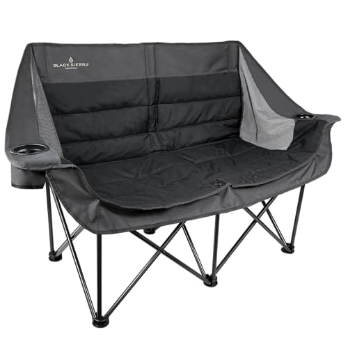 Black Sierra Double Camping Chair, Padded Oversized Loveseat, 2 Person Folding Seat Supports 500 lbs, Portable Outdoor Sofa for Beach, Tailgating, RV, Sports, Patio - color: Black