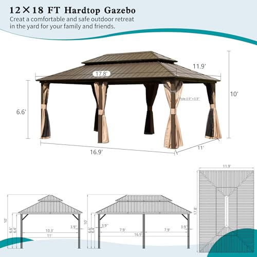 Domi 12' x 18' Hardtop Gazebo Permanent Metal Gazebo with Galvanized Steel Double Roof, Curtains and Netting for Party, Wedding, Outdoor Dining, Patio, Backyard, Brown - color: Brown, size: 12'×18' Double Roof