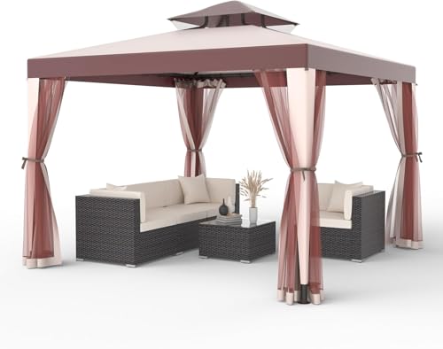 Gazebo, 10'x10' Patio Gazebo Outdoor Waterproof Canopy Tent UV-Resistant 2-Tier Top Sturdy Canopy Shelter Tent for Camping with Removable Netting for Garden Patio Backyard (Red & Brown, 10' x 10') - color: Red & Brown