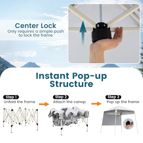 Tangkula 7x7 Ft Pop Up Canopy with Center Lock, UPF50+ Slant Leg Outdoor Tent with Sidewall, Carry Bag & 4 Stakes, Compact Portable Canopy Tent for Hiking Camping Fishing & Picnic (White) - color: White, size: 7x7 Ft