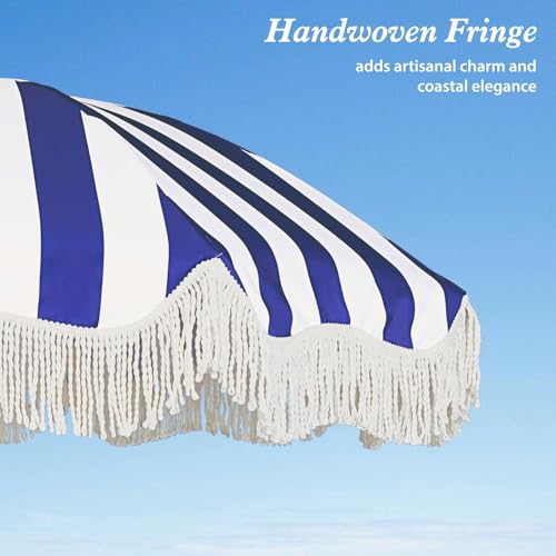 AMMSUN Boho Fringe Umbrella Outdoor Patio, 6.5ft UPF50+ Picnic Umbrella with Tassels with Steel Pole and Push Button Tilt, Navy Stripe - color: Navy Stripe