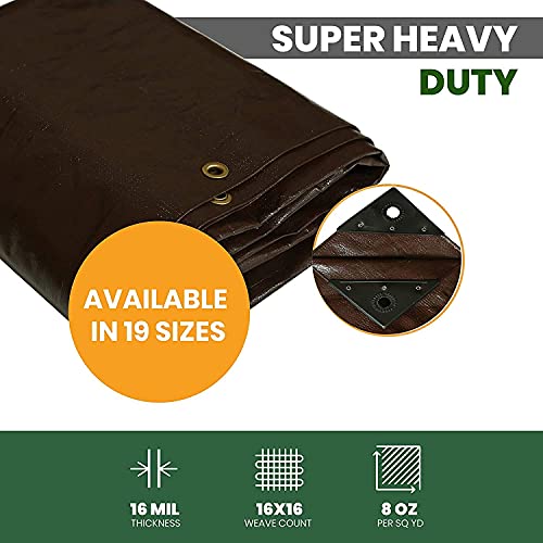 WHITEDUCK 16x20 Tarp 16 MIL Heavy Duty Poly Tarp Waterproof UV Resistant, True to Size, Rust-Proof Grommets, Tear & Rip Resistant, Extra Thick, Camping, Construction, Boat & Equipment Cover - color: Brown- 16 Mil, size: 16' x 20'