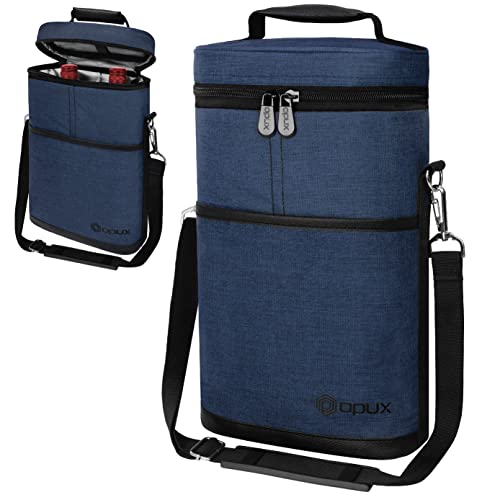 opux 2 Bottle Wine Carrier Tote, Insulated Leakproof Wine Cooler Bag, Wine Travel Bag for Picnic BYOB Beach, Portable Wine Bottle Carrying Case, Gift for Wine Lover Women Men Christmas, Navy - color: Heather Navy