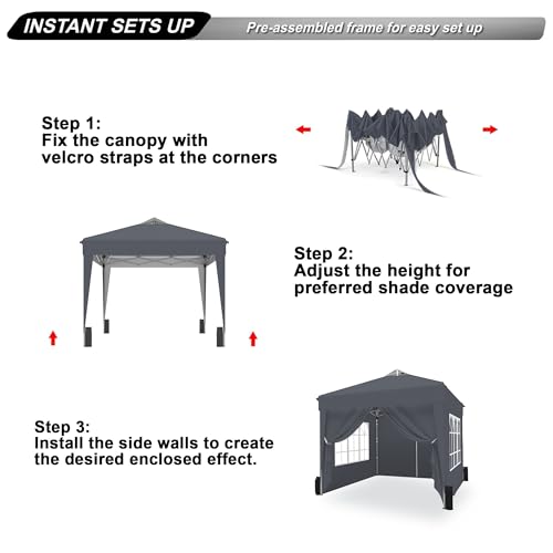 SANWAY 6.6x6.6 Pop Up Canopy Tent with Sidewalls x 4 – Easy Setup Canopy Tent, Waterproof, UV-Resistant, Portable with Carry Bag for Outdoor Events, Camping, and Backyard Parties –Gray
