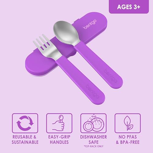 Bentgo Kids Stainless Steel Utensil Set - Reusable Fork, Spoon & Storage Case, PFAS- & BPA-Free, Easy-Grip Handles, Lightweight, Dishwasher Safe, School Lunch, Travel & Outdoors (Purple) - color: Purple