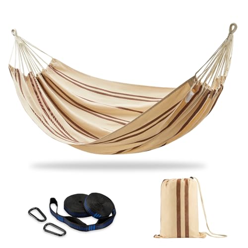 CHULIM Brazilian Double Hammock with Tree Straps,Extra Large 94x63IN,2 Persons Hammock for Backyard Patio Outdoor and Indoor,450lbs Weight Capacity,Soft Woven Cotton Fabric - Beige Brown Stripe - color: Beige Brown Stripe