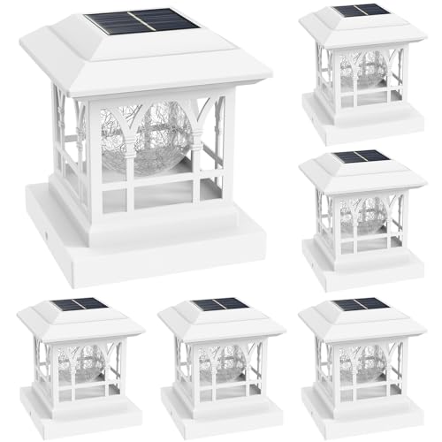 Fence Post Solar Lights, Crackle Glass Solar Post Cap Lights, 20 Lumens, Warm White & RGB Automatic Cycling 2 Modes for 3.6x3.6 4x4 4.5x4.5 5x5 Vinyl Wooden Posts Decoration, White (6 Pack) - color: White, size: 6 Pack
